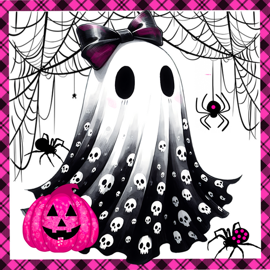 Spooky Chic Ghost with Skulls 10" Square Wreath Sign - Cute Halloween Decor - Pink and Black Spooky Season Decoration