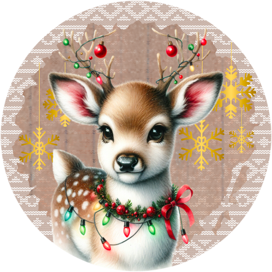 Adorable Reindeer with Christmas Lights Round Wreath Sign - Available in 10" and 11.75" - Festive Holiday Decor