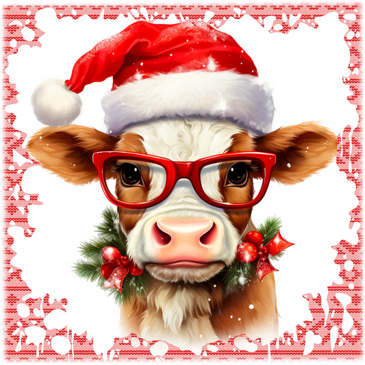 Festive Cow with Santa Hat 10" Square Wreath Sign - Cute Christmas Decor - Holiday Door Decoration