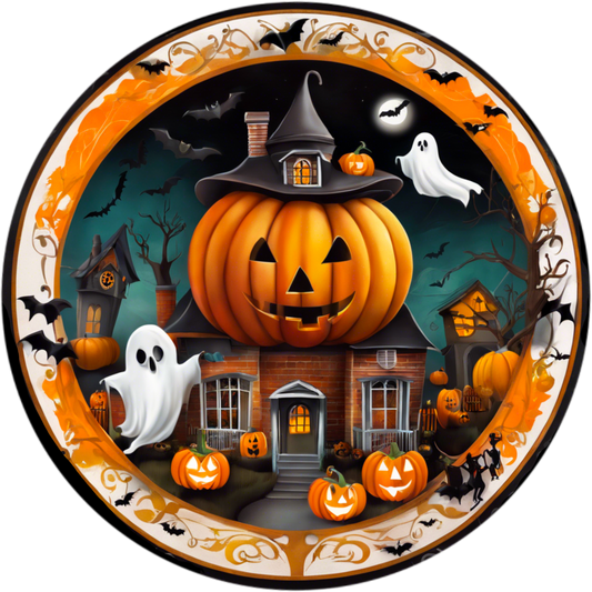 Haunted Pumpkin House Halloween Wreath Sign - Spooky Ghosts & Bats, Witch Hat Jack-O'-Lantern, Metal Round Door Decor