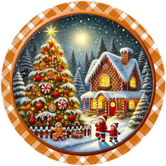 Gingerbread Cottage Christmas Wreath Sign - Round Sublimated Metal Decor, Available in 10" & 11.75" Sizes