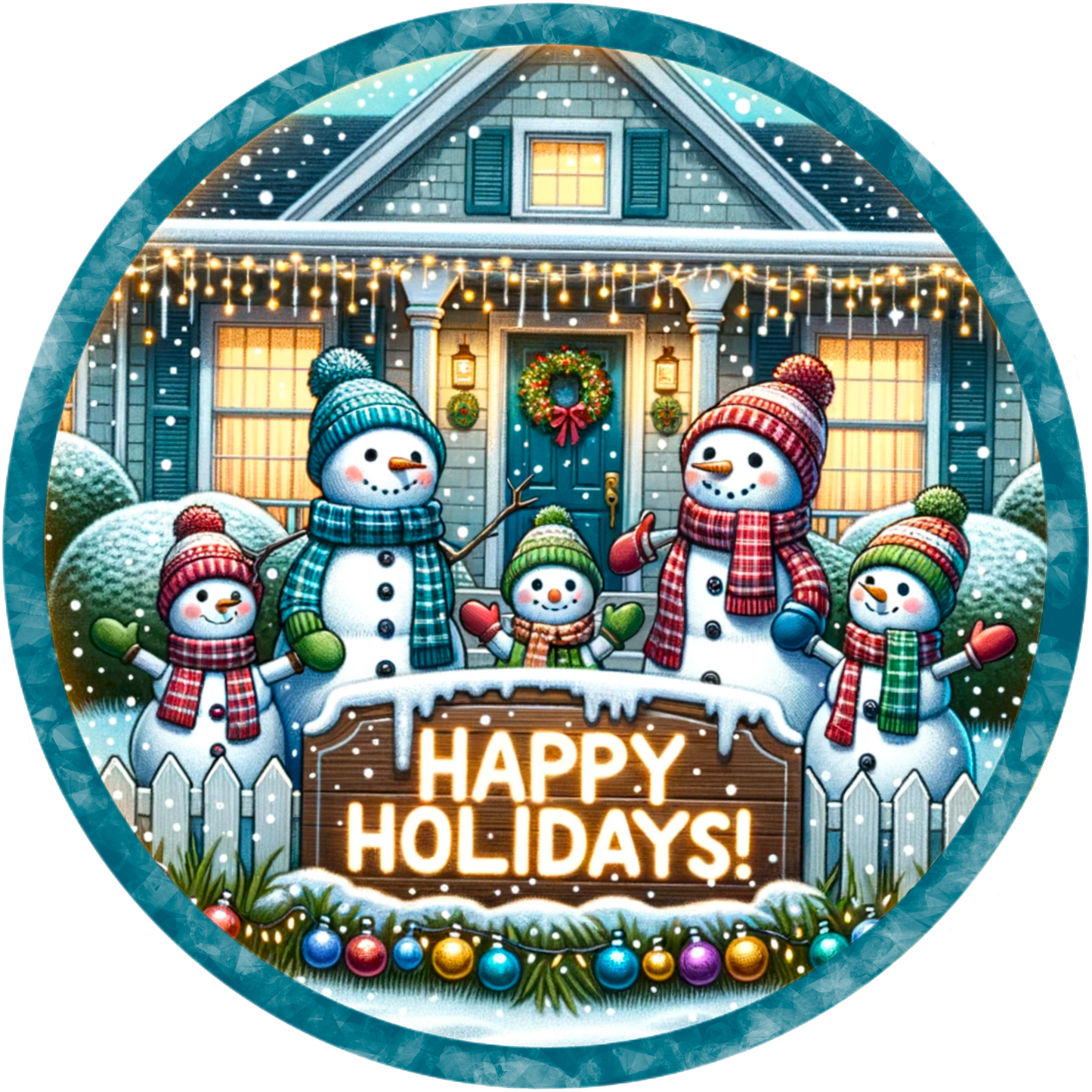 Happy Holidays Snowman Family Wreath Sign - Round Sublimated Metal Christmas Decor, Available in 10" & 11.75