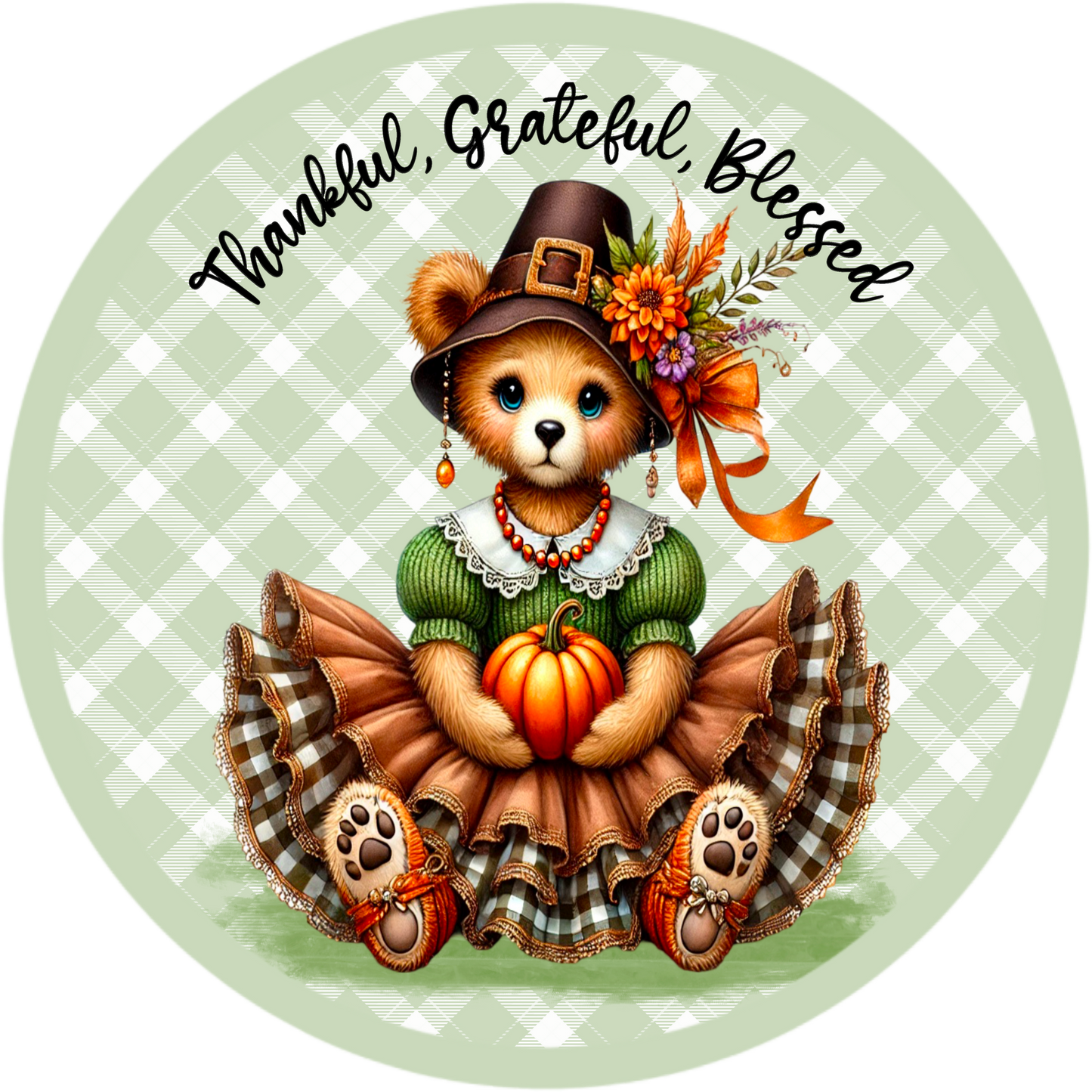 Thankful Grateful Blessed Bear Wreath Sign - Fall Thanksgiving Decor, Metal Sublimated, 10" & 11.75" Sizes