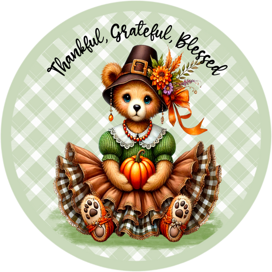 Thankful Grateful Blessed Bear Wreath Sign - Fall Thanksgiving Decor, Metal Sublimated, 10" & 11.75" Sizes