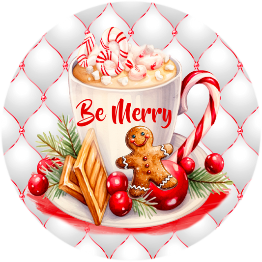 Be Merry Christmas Cocoa Wreath Sign - Round Sublimated Metal Decor, 10" & 11.75" Sizes