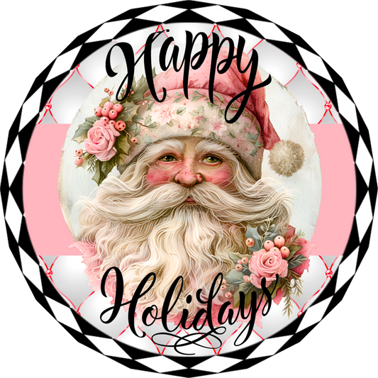 Vintage Pink Santa Christmas Wreath Sign - Shabby Chic Holiday Decor, Floral Santa Claus Wall Hanging