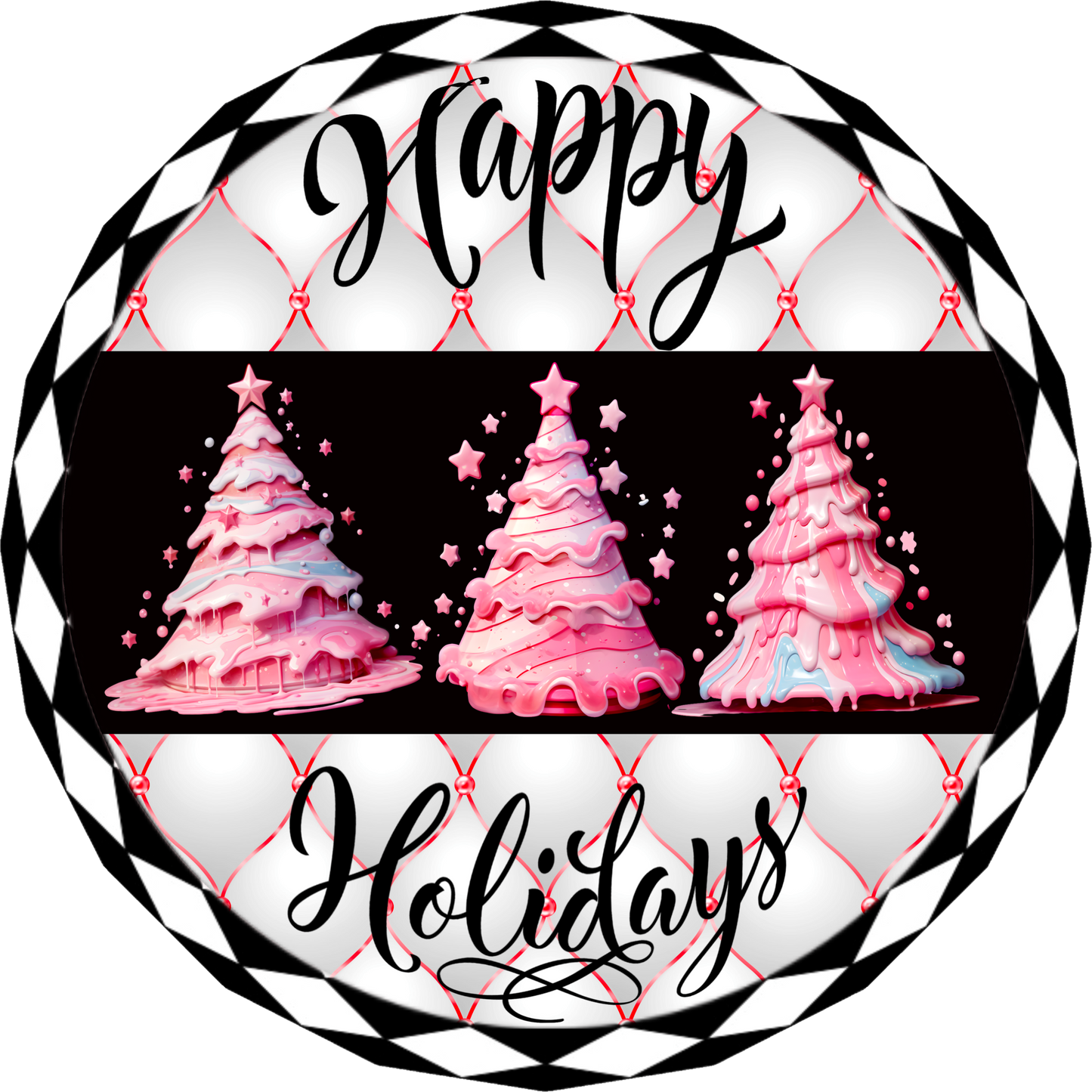 Pink Dripping Christmas Trees Wreath Sign - Modern Holiday Decor, Metal Sublimation Sign, Happy Holidays Wall Art