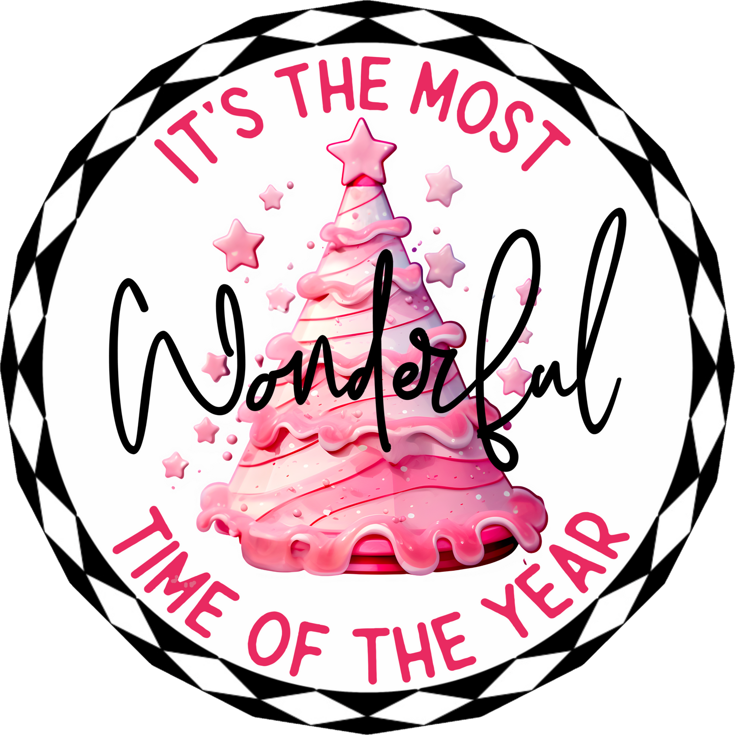 Pink Christmas Tree Wreath Sign - ‘Most Wonderful Time of the Year’ Metal Sublimation Holiday Decor