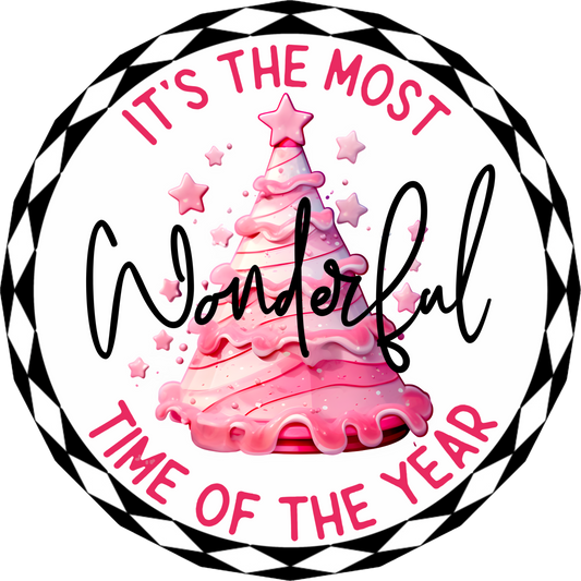 Pink Christmas Tree Wreath Sign - ‘Most Wonderful Time of the Year’ Metal Sublimation Holiday Decor