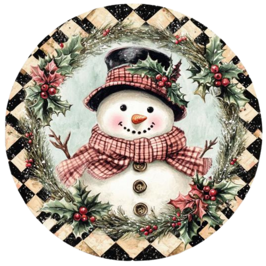 Vintage Snowman Christmas Wreath Sign - Rustic Holiday Decor, Sublimated Metal Round Sign with Holly Accents