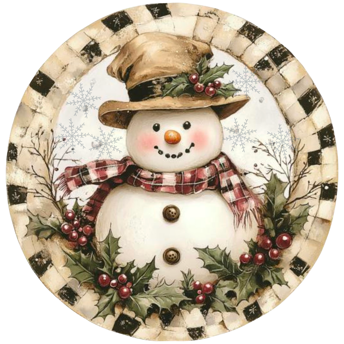 Rustic Snowman Christmas Wreath Sign - Farmhouse Holiday Decor, Sublimated Metal Round Sign with Plaid Scarf and Holly