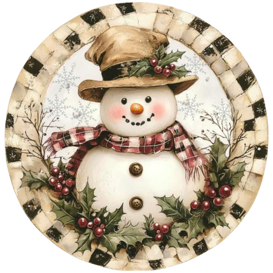 Rustic Snowman Christmas Wreath Sign - Farmhouse Holiday Decor, Sublimated Metal Round Sign with Plaid Scarf and Holly