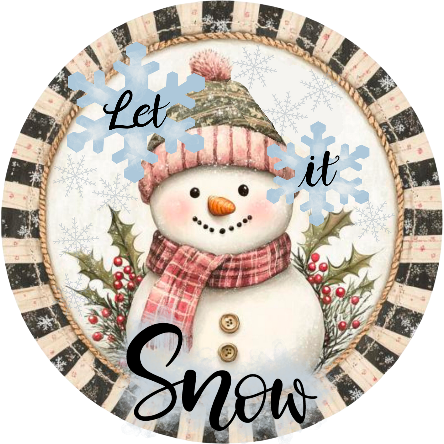 Let It Snow Snowman Wreath Sign - Winter Holiday Decor, Sublimated Metal Round Sign with Plaid Accents