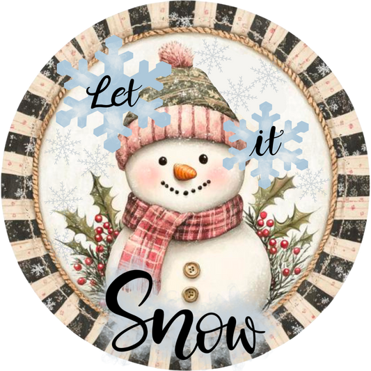 Let It Snow Snowman Wreath Sign - Winter Holiday Decor, Sublimated Metal Round Sign with Plaid Accents