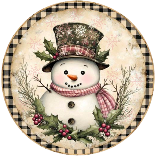 Plaid Snowman Wreath Sign - Rustic Christmas Decor, Sublimated Metal Round Sign with Holly and Checkered Border