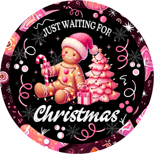 Whimsical Gingerbread Christmas Wreath Sign - ‘Just Waiting for Christmas’ Festive Holiday Decor