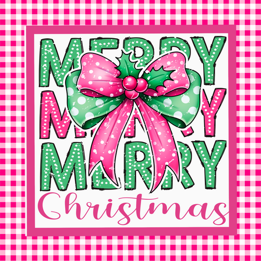 Merry Christmas Gingham Wreath Sign - Pink & Green Bow, 10" Square Holiday Decor