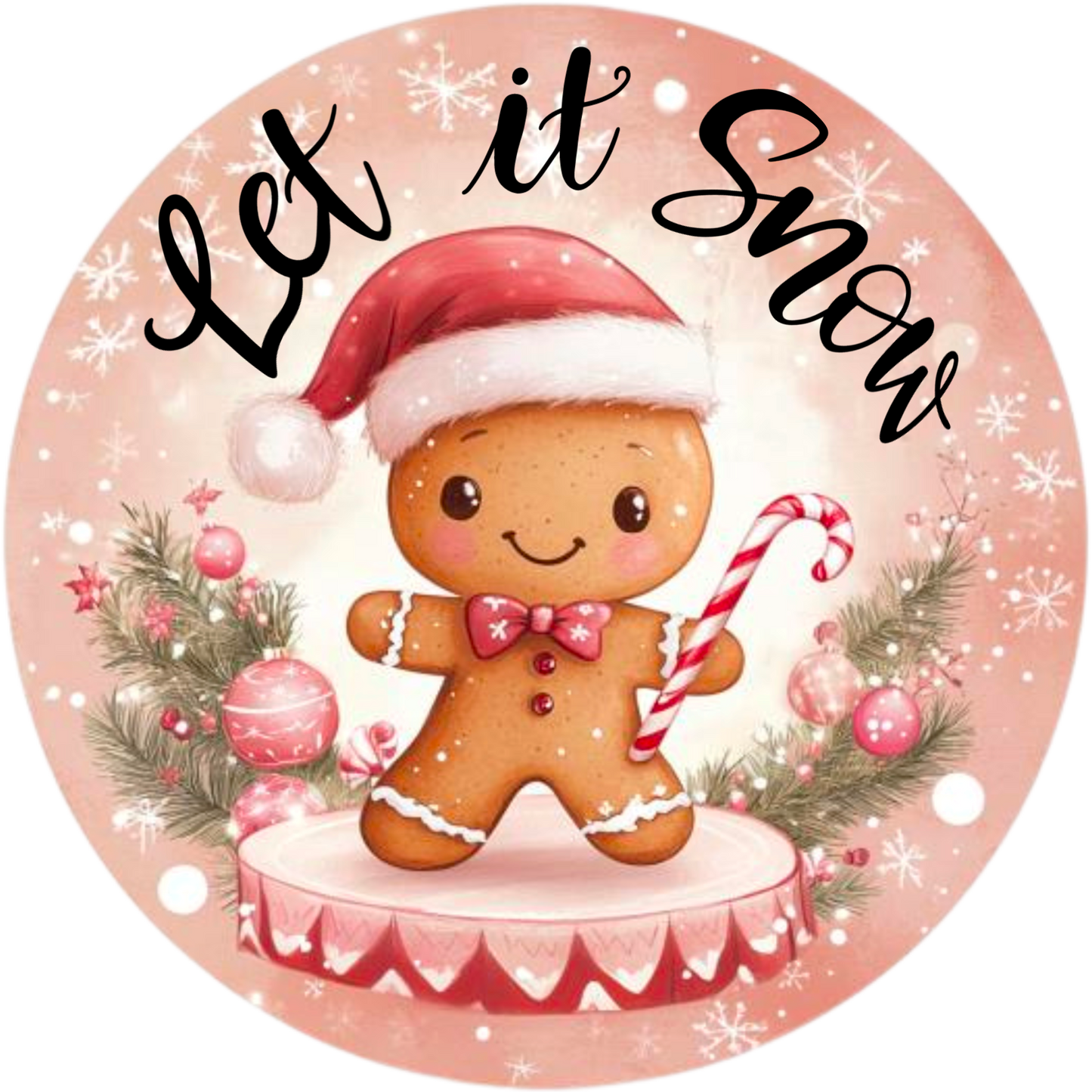 Let It Snow Gingerbread Wreath Sign - Cute Christmas Decor, Round Metal Holiday Sign with Candy Cane