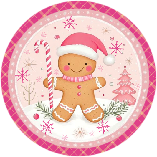 Pink Plaid Gingerbread Wreath Sign - Cute Christmas Decor, Round Metal Holiday Sign with Candy Cane