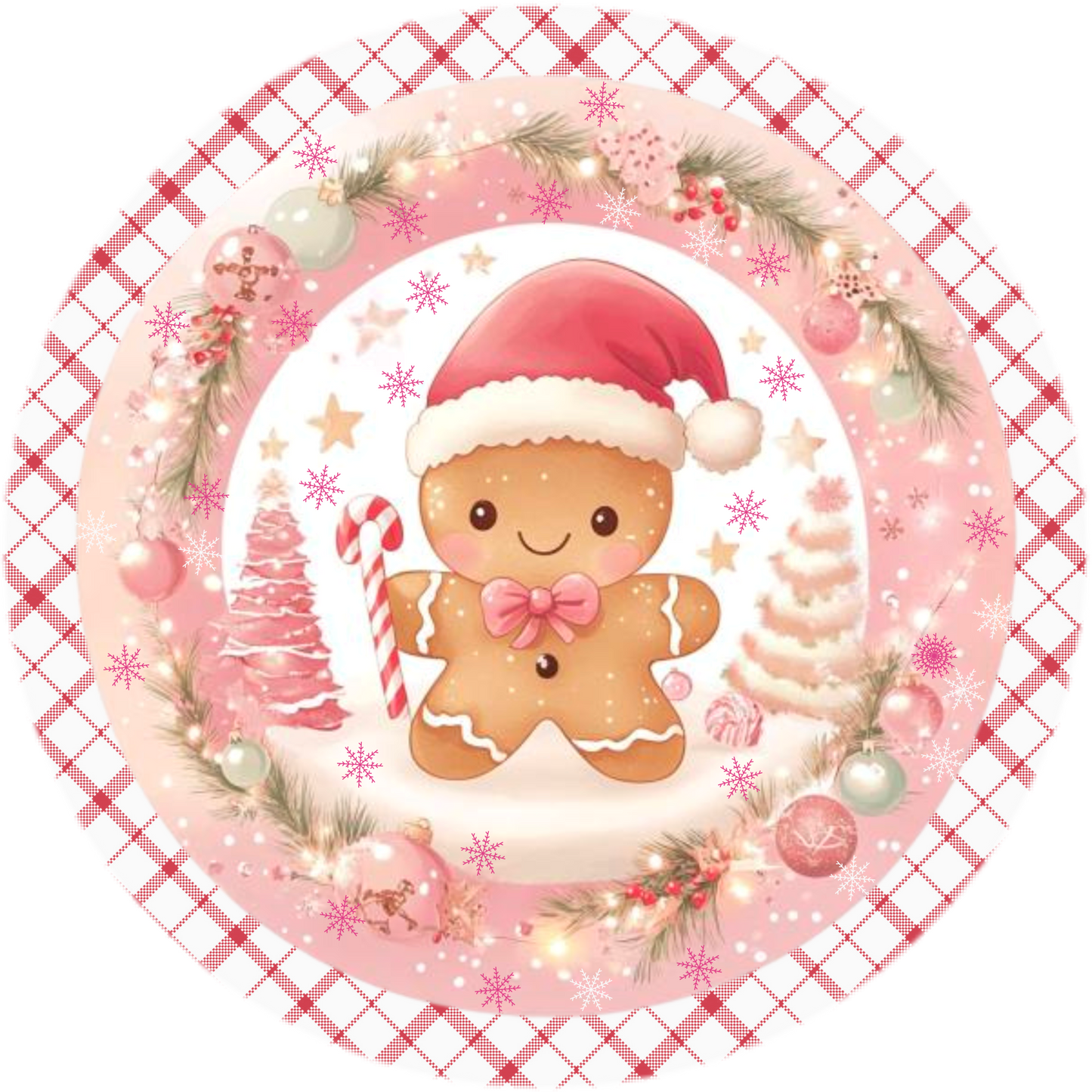 Pink Christmas Gingerbread Wreath Sign - Cute Holiday Decor, Round Metal Sign with Plaid Border