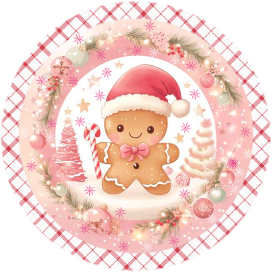 Pink Christmas Gingerbread Wreath Sign - Cute Holiday Decor, Round Metal Sign with Plaid Border