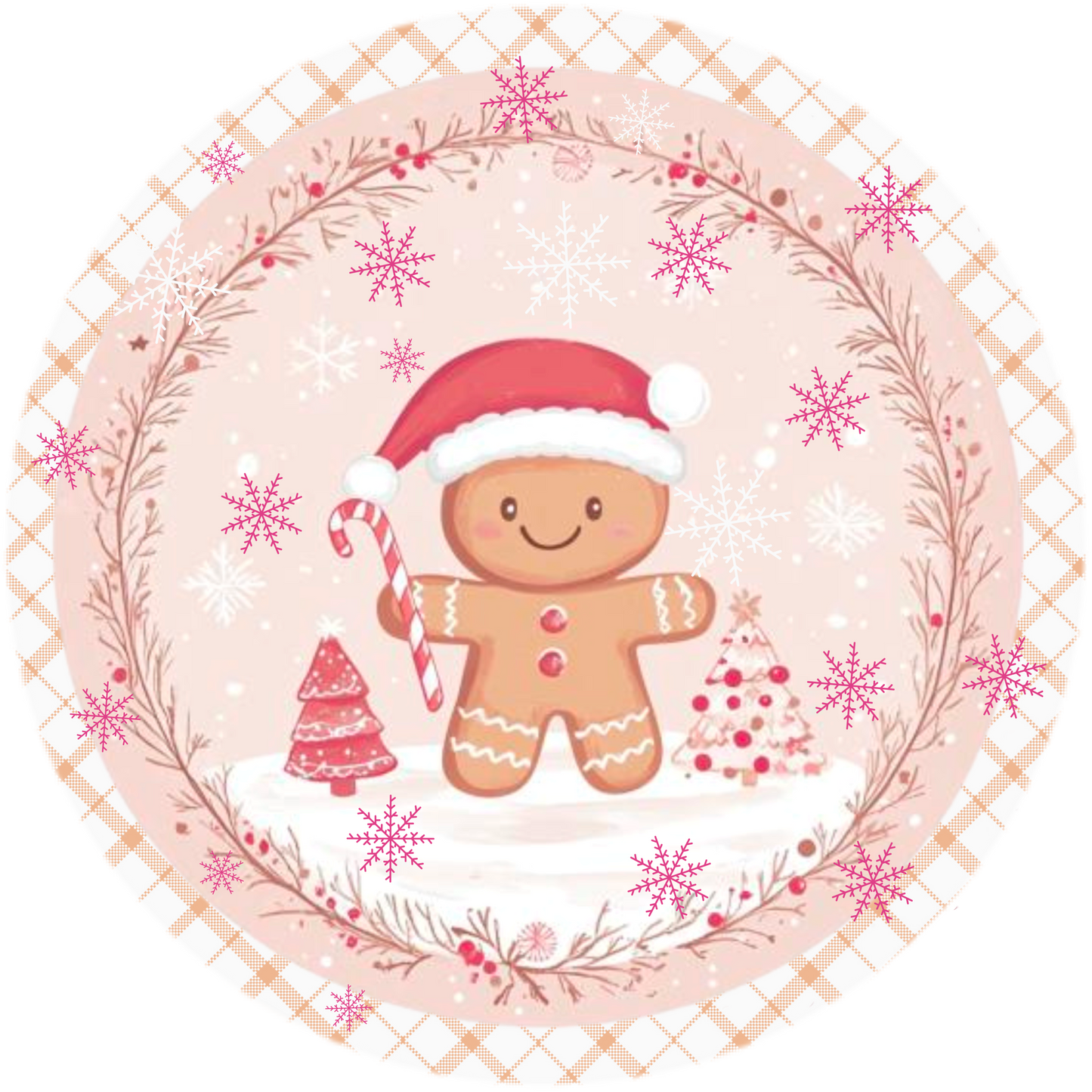 Sweet Gingerbread Christmas Wreath Sign - Pink Plaid Holiday Decor, Round Metal Sign