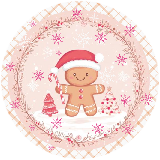 Sweet Gingerbread Christmas Wreath Sign - Pink Plaid Holiday Decor, Round Metal Sign