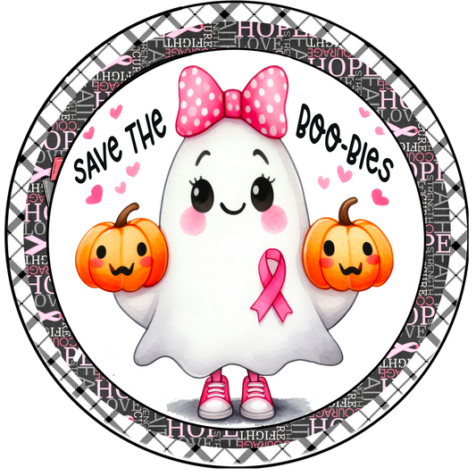 Save the Boo-bies Breast Cancer Awareness Ghost Wreath Sign - Cute Halloween Pink Ribbon Decor