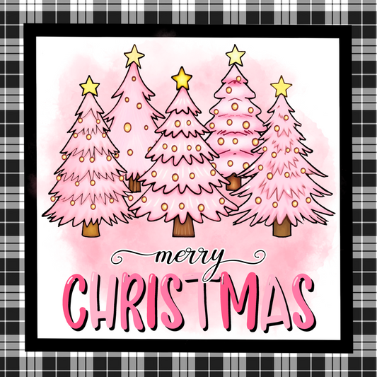 Pink Christmas Tree Wreath Sign – 10" Square Merry Christmas Wall Decor, Festive Plaid Holiday Art