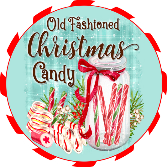 Old Fashioned Christmas Candy Wreath Sign with Candy Cane Border - Vintage Holiday Decor