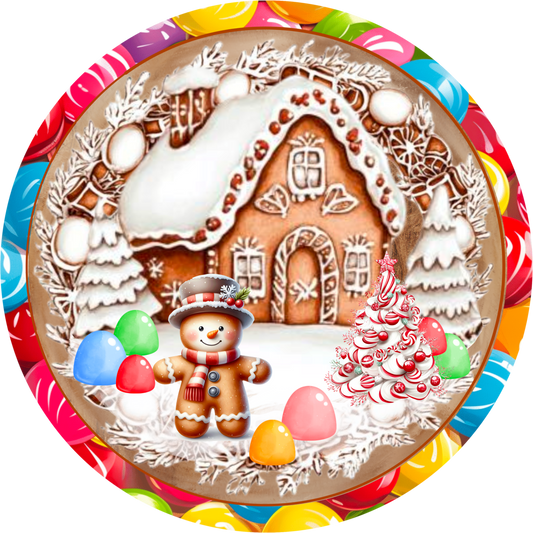 Whimsical Gingerbread House Wreath Sign with Candy Border - Christmas Holiday Decor