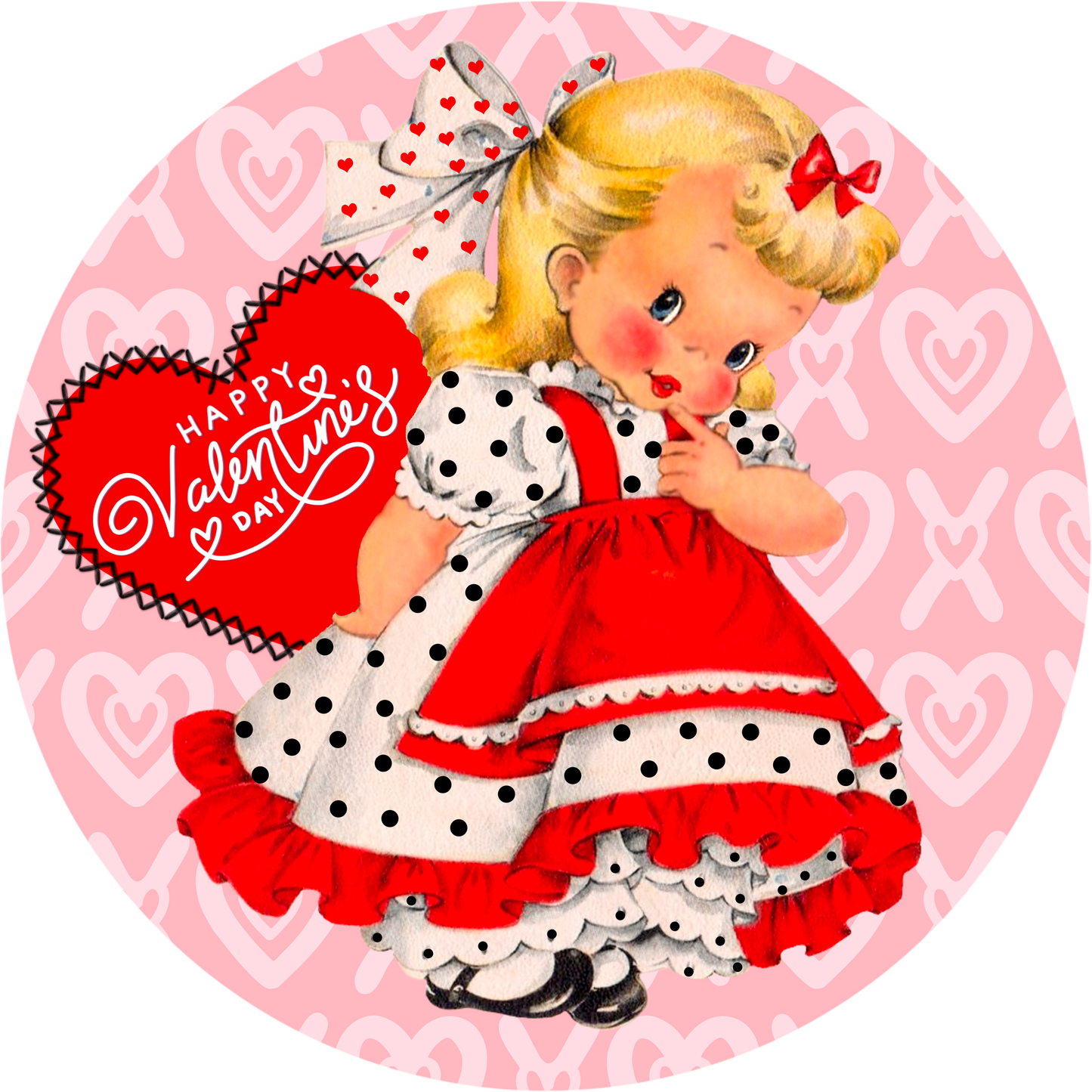 Vintage Valentine's Day Metal Sign – Retro Girl Design, Heart & Polka Dots, Romantic Wreath Accent