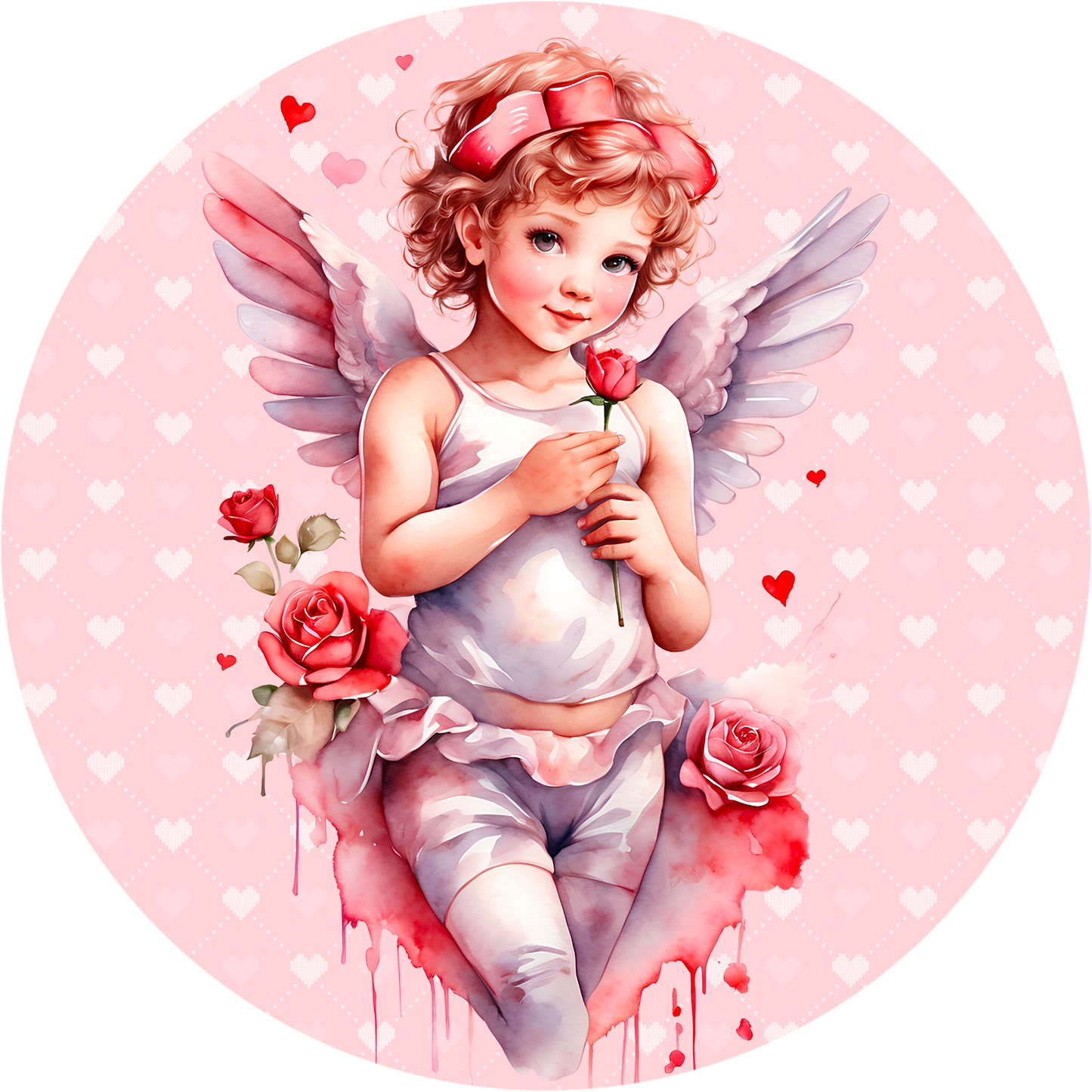 Valentine’s Day Angel Metal Sign – 10'' or 11.75'' Round, Romantic Roses & Pink Heart Design