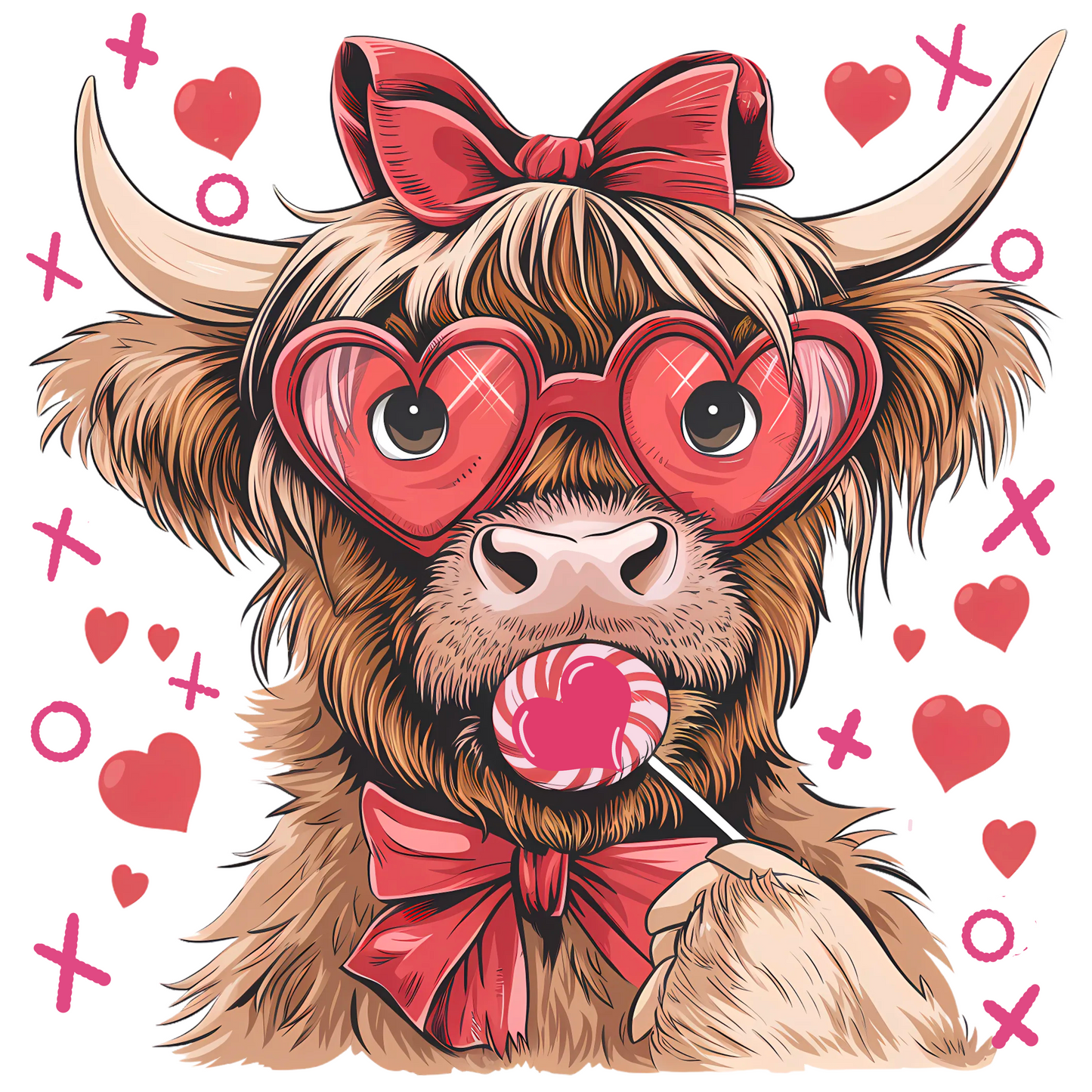 Valentine’s Day Highland Cow Metal Sign – 10'' Square, Heart Glasses & Lollipop Design