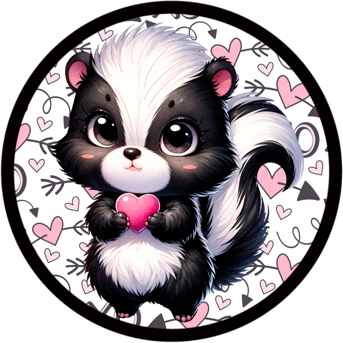 Valentine’s Day Skunk Metal Sign – 10'' or 11.75'' Round, Cute Pink Heart Design