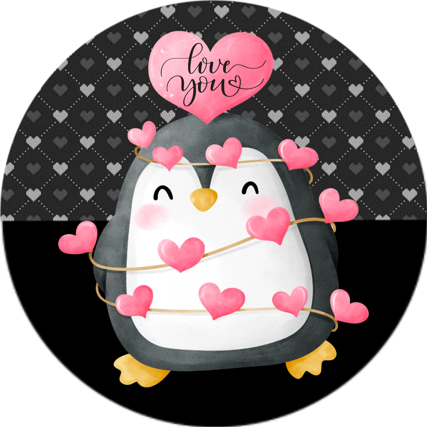 Penguin Love You Metal Sign - Valentine’s Day Sublimated Round Decor in 10” & 11.75