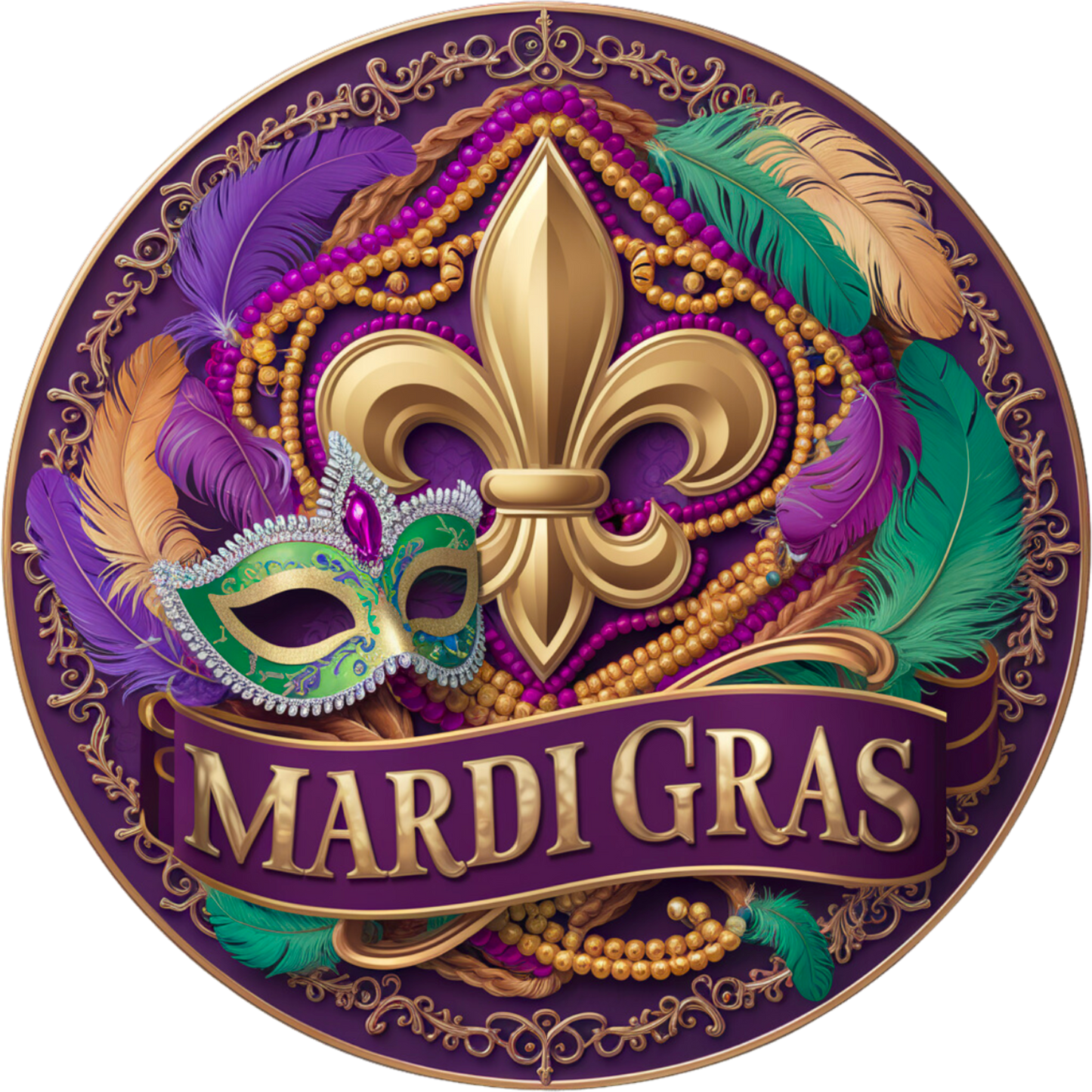 Mardi Gras Beaded Fleur-de-Lis Metal Sign - 10” & 11.75” Round Carnival Decor