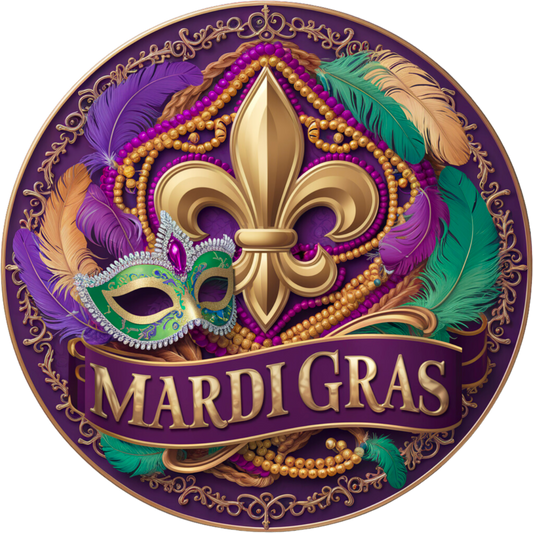 Mardi Gras Beaded Fleur-de-Lis Metal Sign - 10” & 11.75” Round Carnival Decor