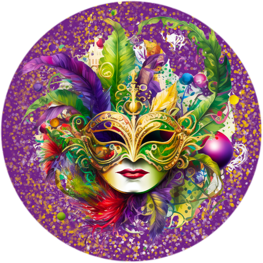 Glitter Mardi Gras Mask Metal Sign - 10” & 11.75” Round Carnival Wall Art