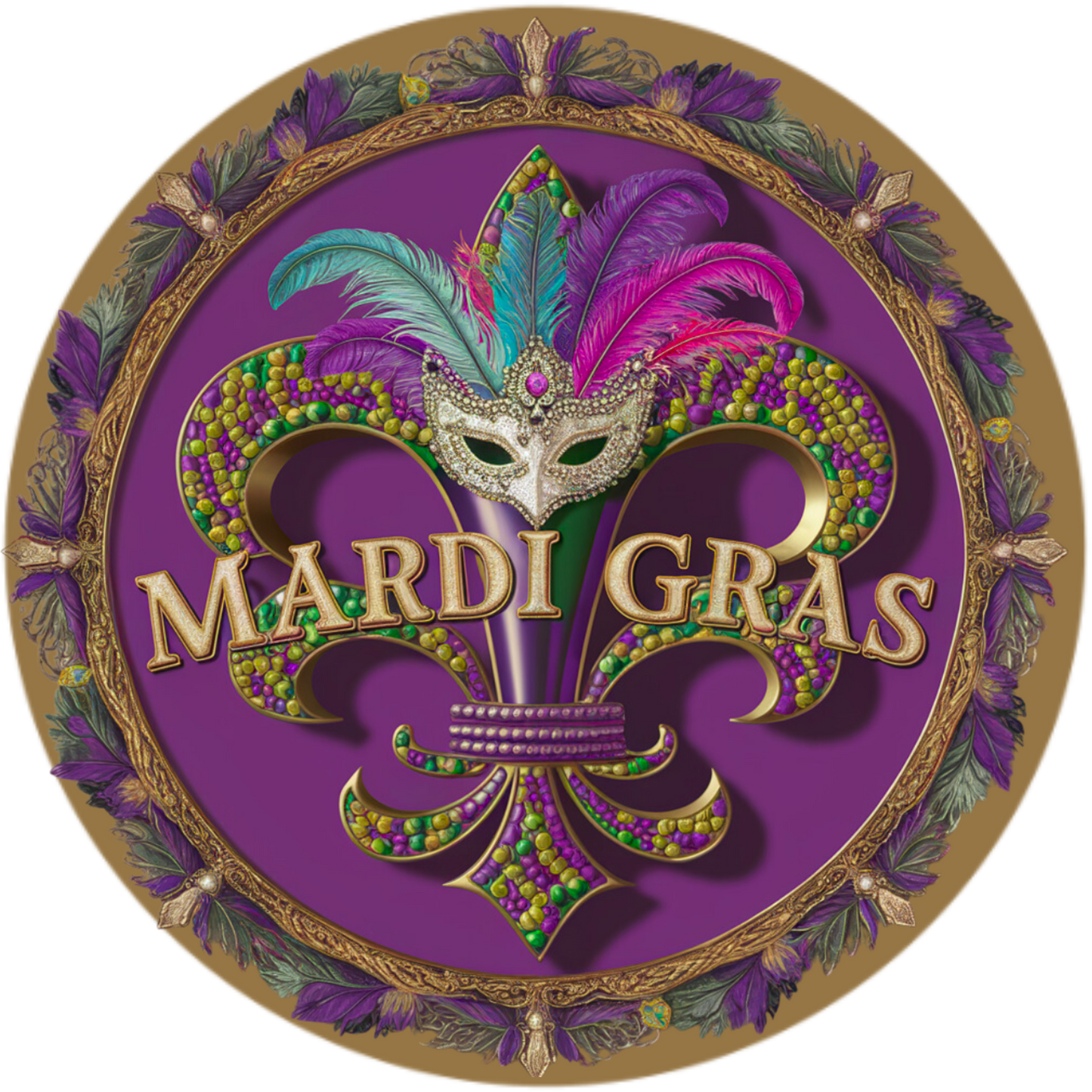 Mardi Gras Fleur-de-Lis Metal Sign - Purple, Gold, and Green Round Wall Decor