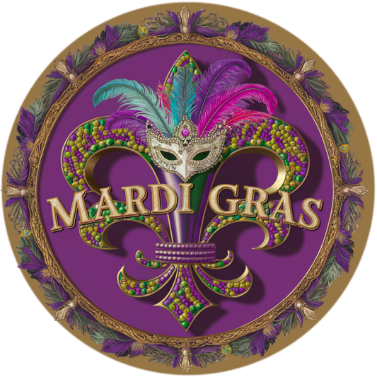 Mardi Gras Fleur-de-Lis Metal Sign - Purple, Gold, and Green Round Wall Decor