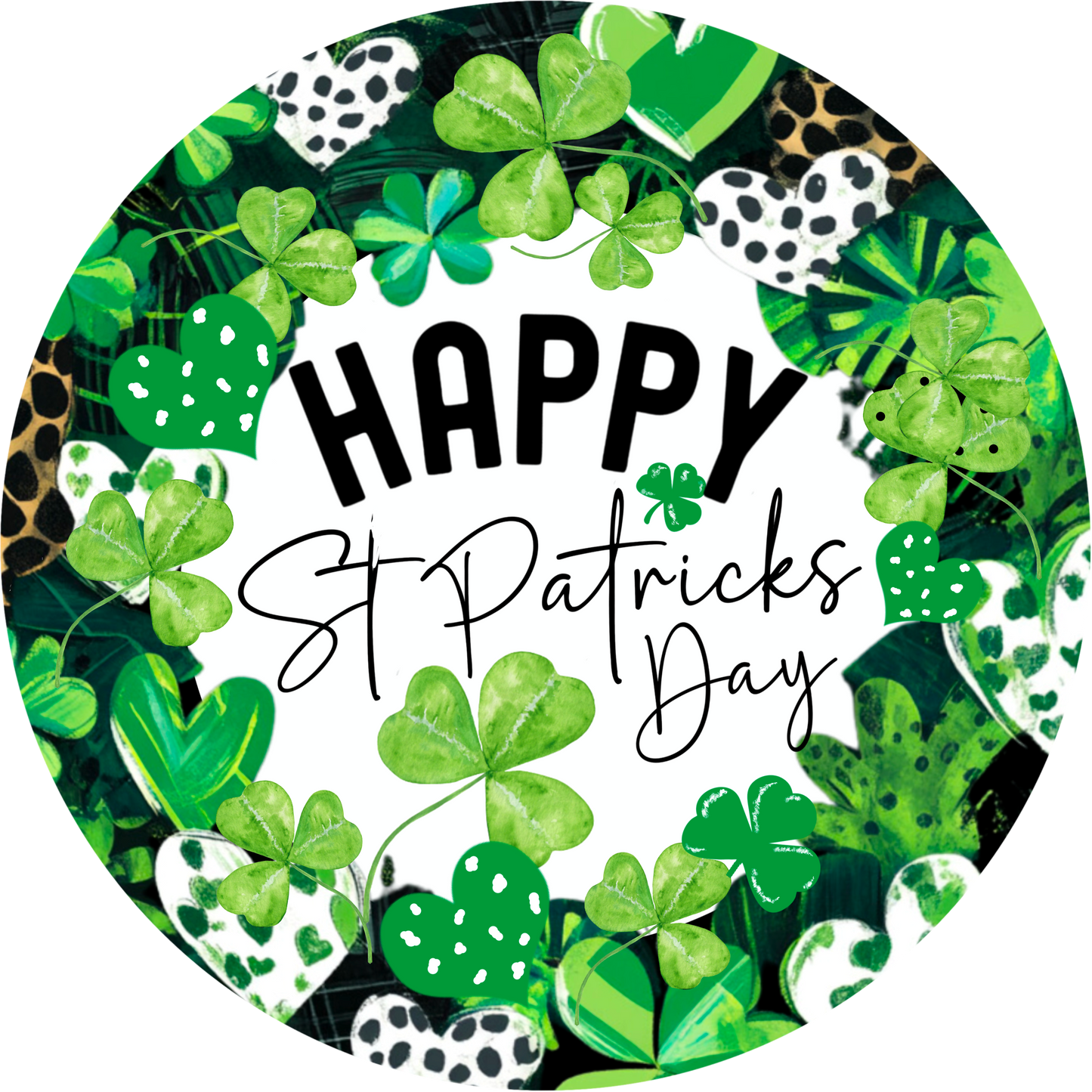 Happy St. Patrick's Day Wreath Sign – Clover and Heart Design – Round Metal Decor