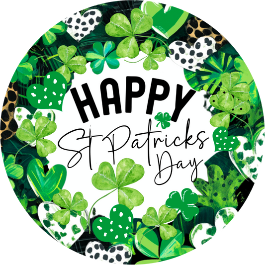 Happy St. Patrick's Day Wreath Sign – Clover and Heart Design – Round Metal Decor