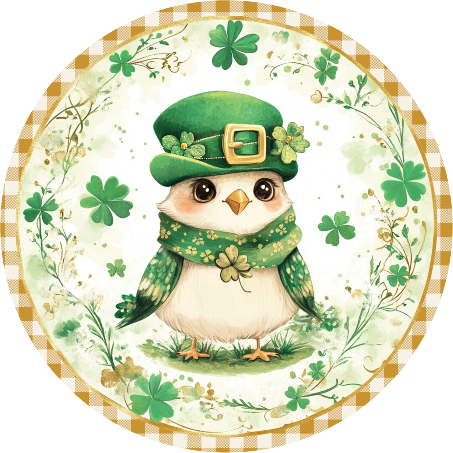 Leprechaun Bird Wreath Sign – St. Patrick’s Day Decor – Round Metal Art