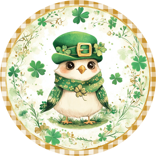 Leprechaun Bird Wreath Sign – St. Patrick’s Day Decor – Round Metal Art