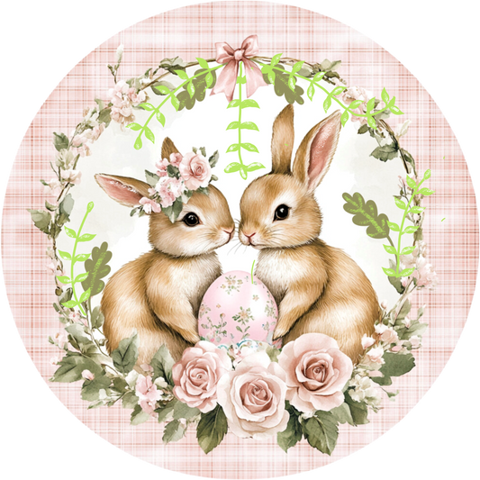 Pink Plaid Bunny Couple Round Sign - 10” or 11.75” Easter Decor by MilandDil Designs