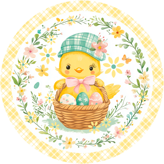 Plaid Tam Chick Easter Sign - Vintage-Inspired Round Spring Decor