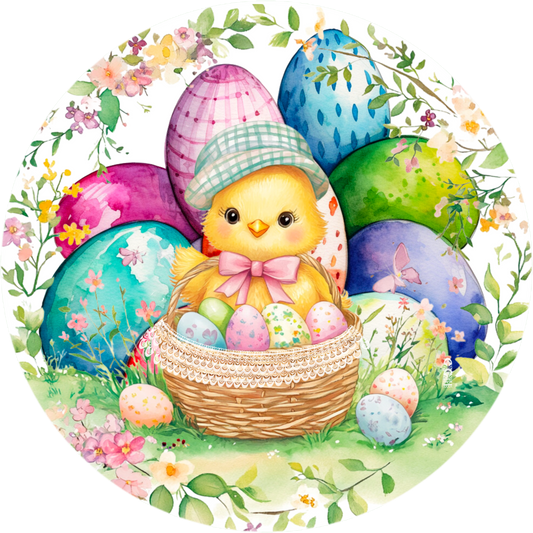 Plaid Tam Chick Round Sign - Easter Decor with Basket and Colorful Eggs