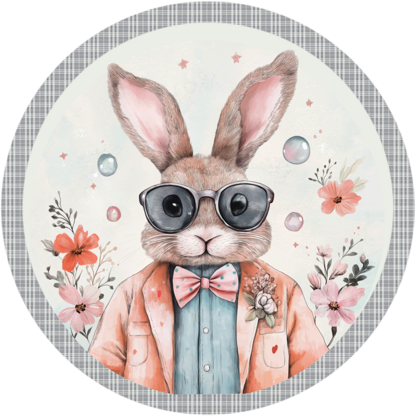 Cool Bunny Easter Sign - Stylish Round Decor with Plaid Border