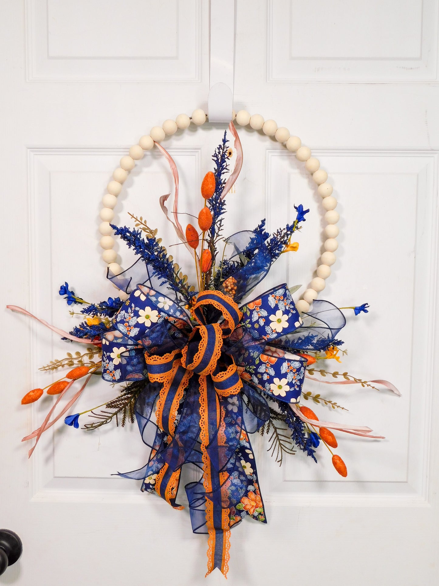 Rustic Beaded Floral Door Hanger with Navy & Orange Bow, Autumn Harvest Wreath, Farmhouse Wall Decor